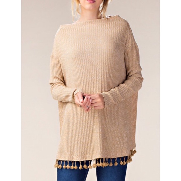 Tops - SAND Knit Top Pom Pom Detail COZY
